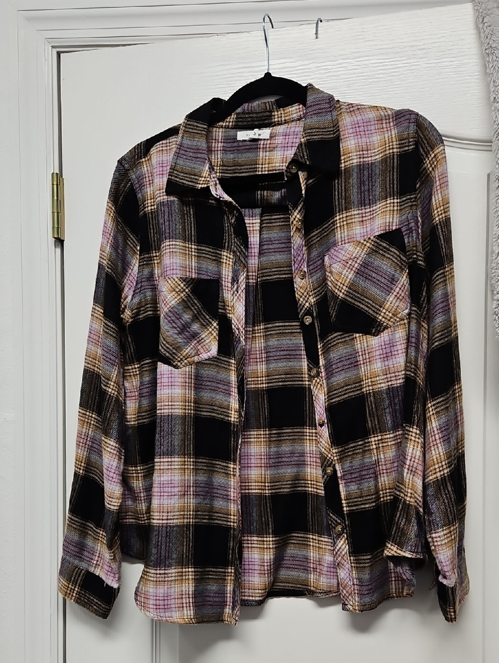 Maurices Black Plaid Shirt with Tan and Orange Accents